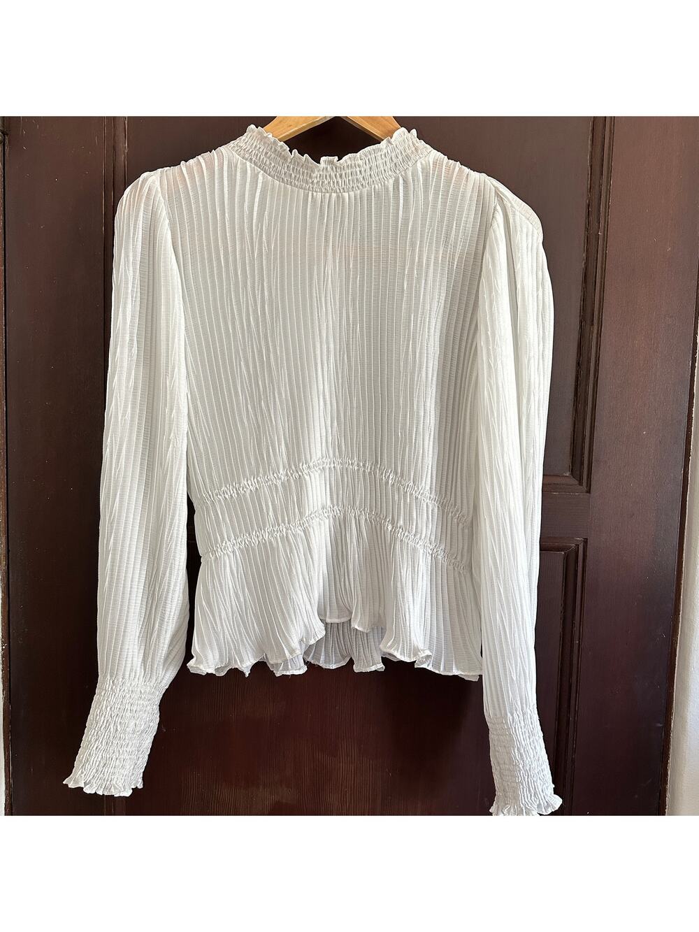ZARA | White High Neck Pleated Smocked Blouse | Size Medium